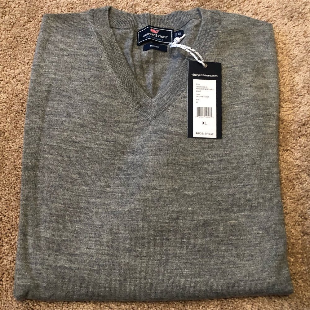 NWT Vineyard Vines Gray Heather Performance V-Neck Pullover Sweater Size XL